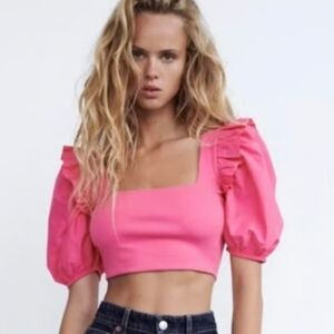 ZARA  | Women's Pink Square Neck Puffed Sleeve Crop Top
